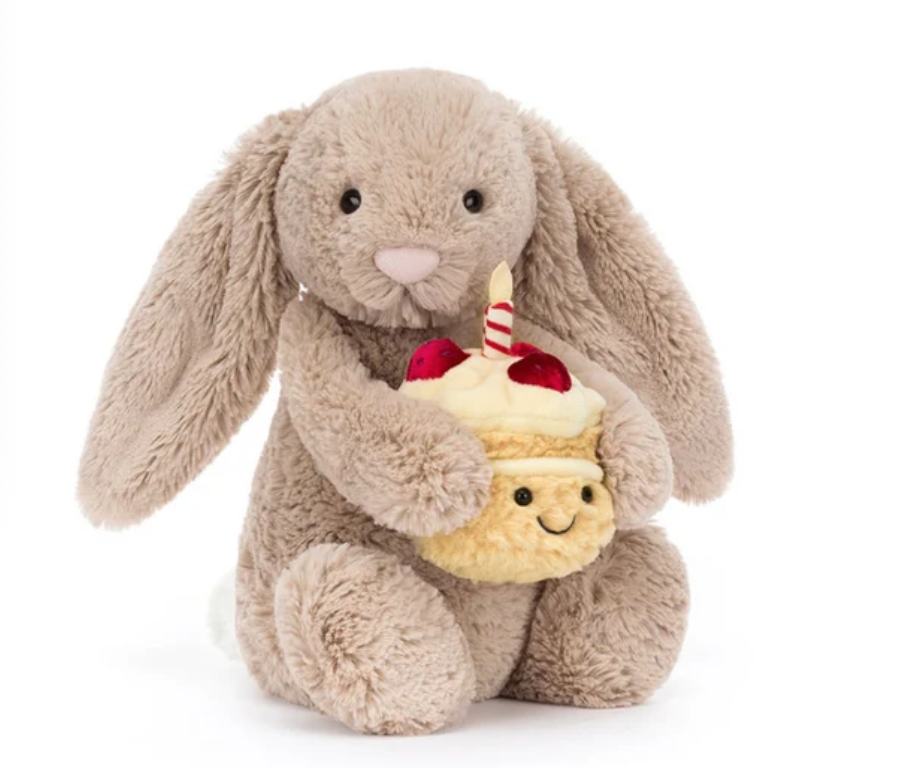 抱着生日蛋糕的 Jellycat 害羞兔玩偶